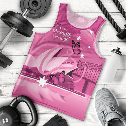 Personalised Australia Breast Cancer Support Men Tank Top Sydney Opera House Butterfly Pink Ribbon