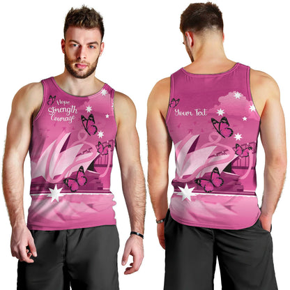 Personalised Australia Breast Cancer Support Men Tank Top Sydney Opera House Butterfly Pink Ribbon