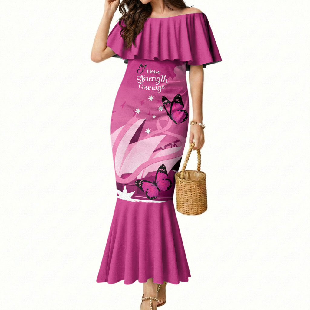 Personalised Australia Breast Cancer Support Mermaid Dress Sydney Opera House Butterfly Pink Ribbon