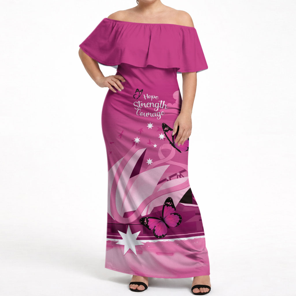 Personalised Australia Breast Cancer Support Off Shoulder Maxi Dress Sydney Opera House Butterfly Pink Ribbon