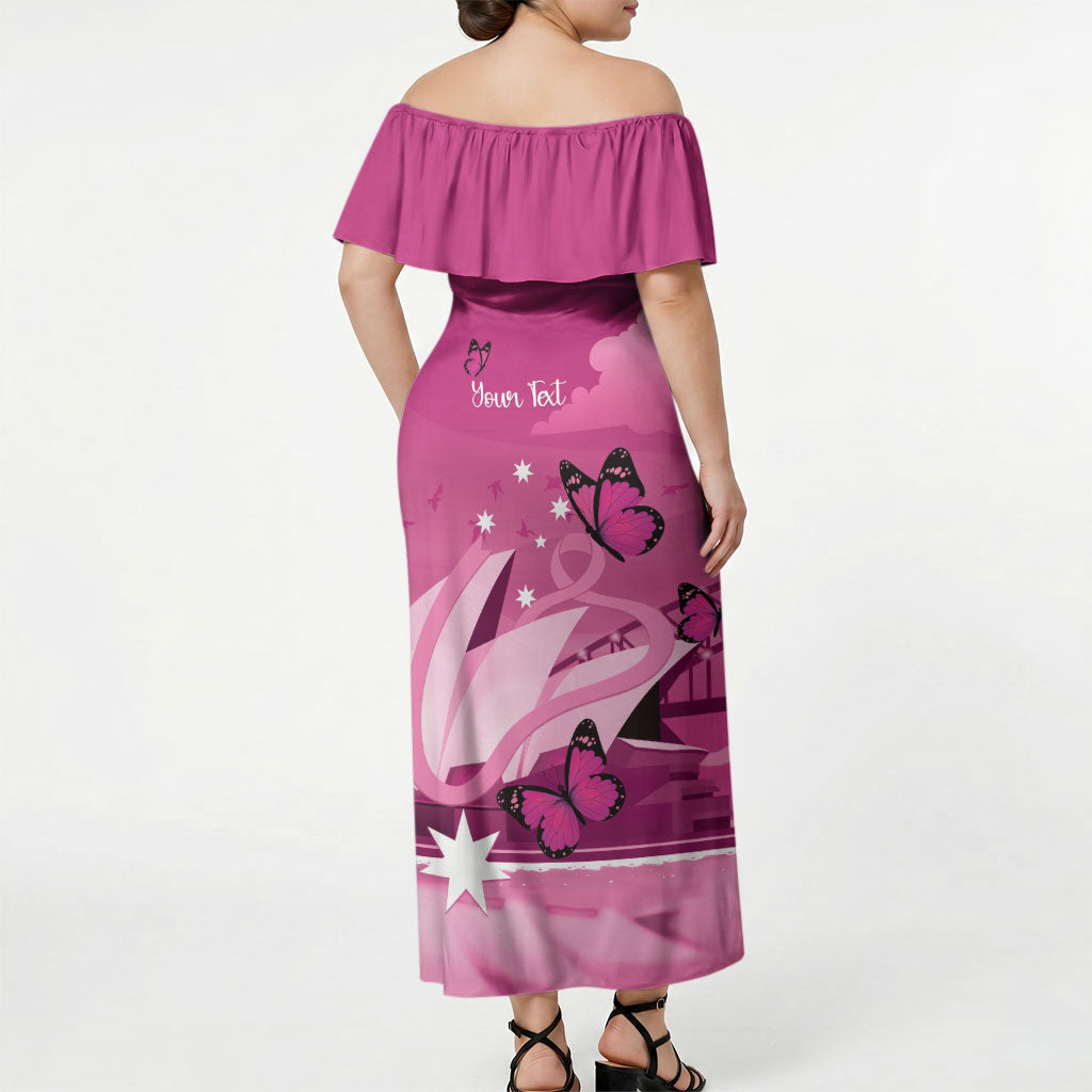 Personalised Australia Breast Cancer Support Off Shoulder Maxi Dress Sydney Opera House Butterfly Pink Ribbon