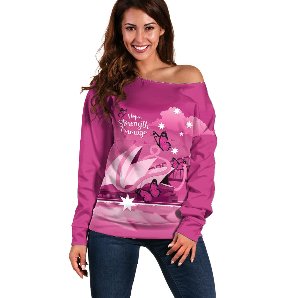 Personalised Australia Breast Cancer Support Off Shoulder Sweater Sydney Opera House Butterfly Pink Ribbon