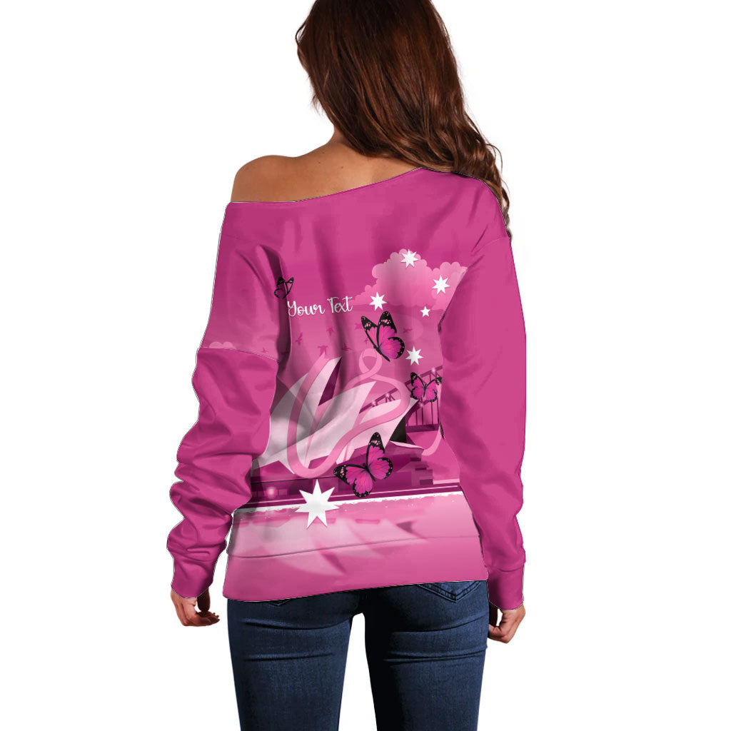 Personalised Australia Breast Cancer Support Off Shoulder Sweater Sydney Opera House Butterfly Pink Ribbon