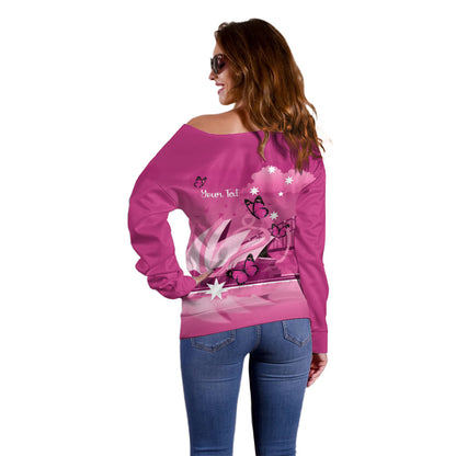 Personalised Australia Breast Cancer Support Off Shoulder Sweater Sydney Opera House Butterfly Pink Ribbon