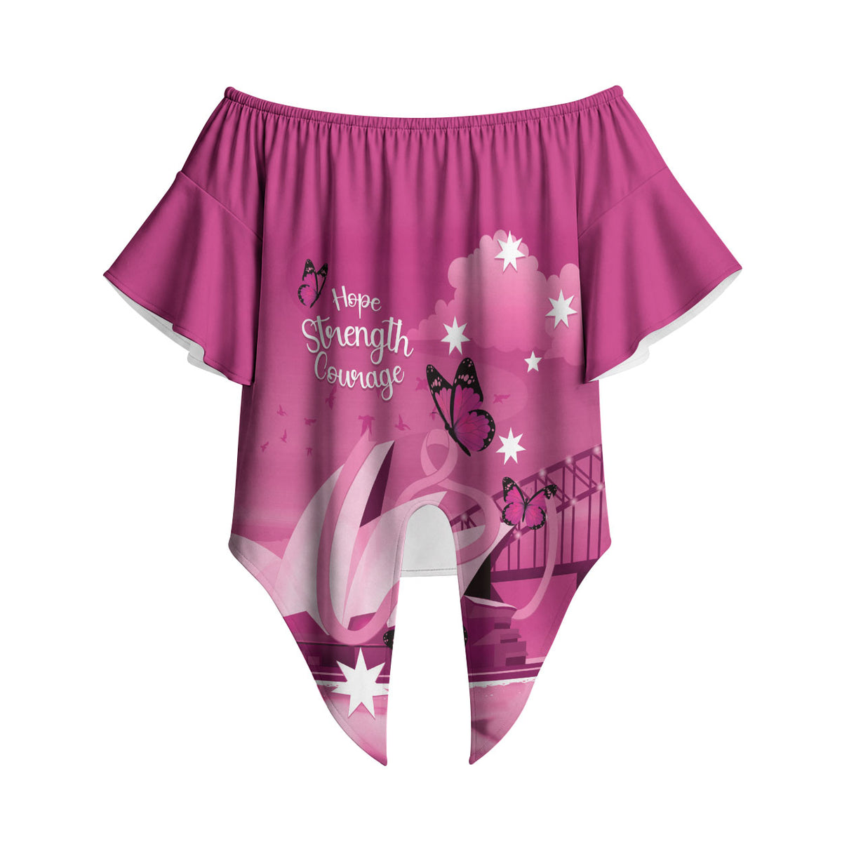 Personalised Australia Breast Cancer Support Off Shoulder Wrap Waist Top Sydney Opera House Butterfly Pink Ribbon