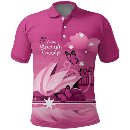 Personalised Australia Breast Cancer Support Polo Shirt Sydney Opera House Butterfly Pink Ribbon