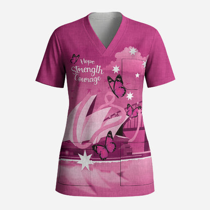Personalised Australia Breast Cancer Support Scrub Top Sydney Opera House Butterfly Pink Ribbon