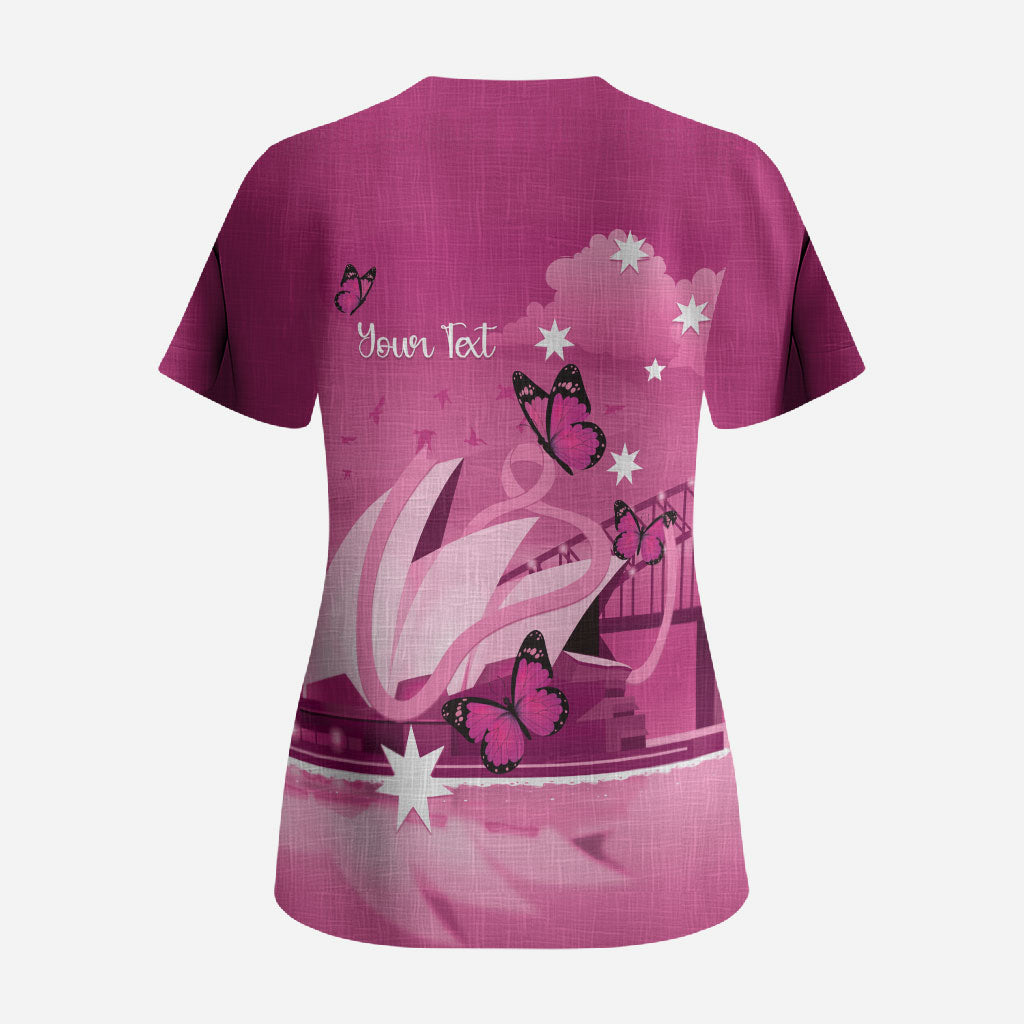 Personalised Australia Breast Cancer Support Scrub Top Sydney Opera House Butterfly Pink Ribbon