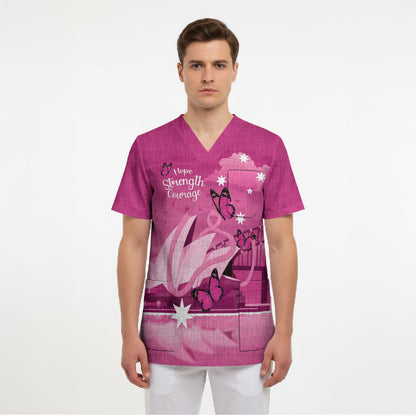 Personalised Australia Breast Cancer Support Scrub Top Sydney Opera House Butterfly Pink Ribbon