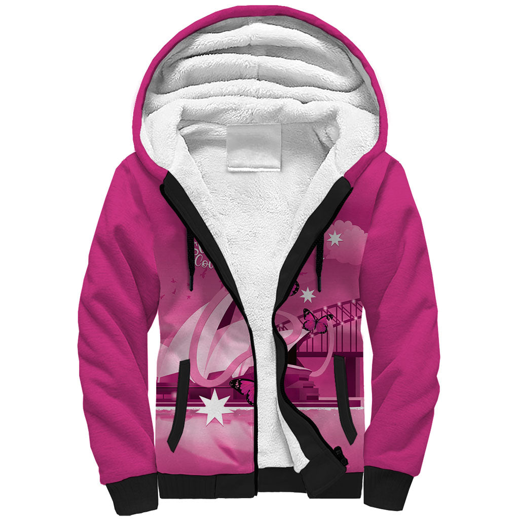 Personalised Australia Breast Cancer Support Sherpa Hoodie Sydney Opera House Butterfly Pink Ribbon