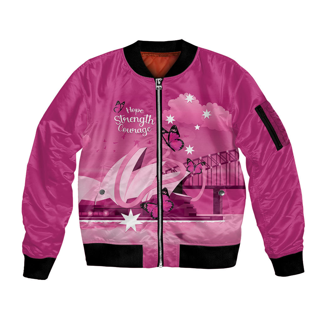 Personalised Australia Breast Cancer Support Sleeve Zip Bomber Jacket Sydney Opera House Butterfly Pink Ribbon
