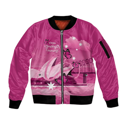 Personalised Australia Breast Cancer Support Sleeve Zip Bomber Jacket Sydney Opera House Butterfly Pink Ribbon