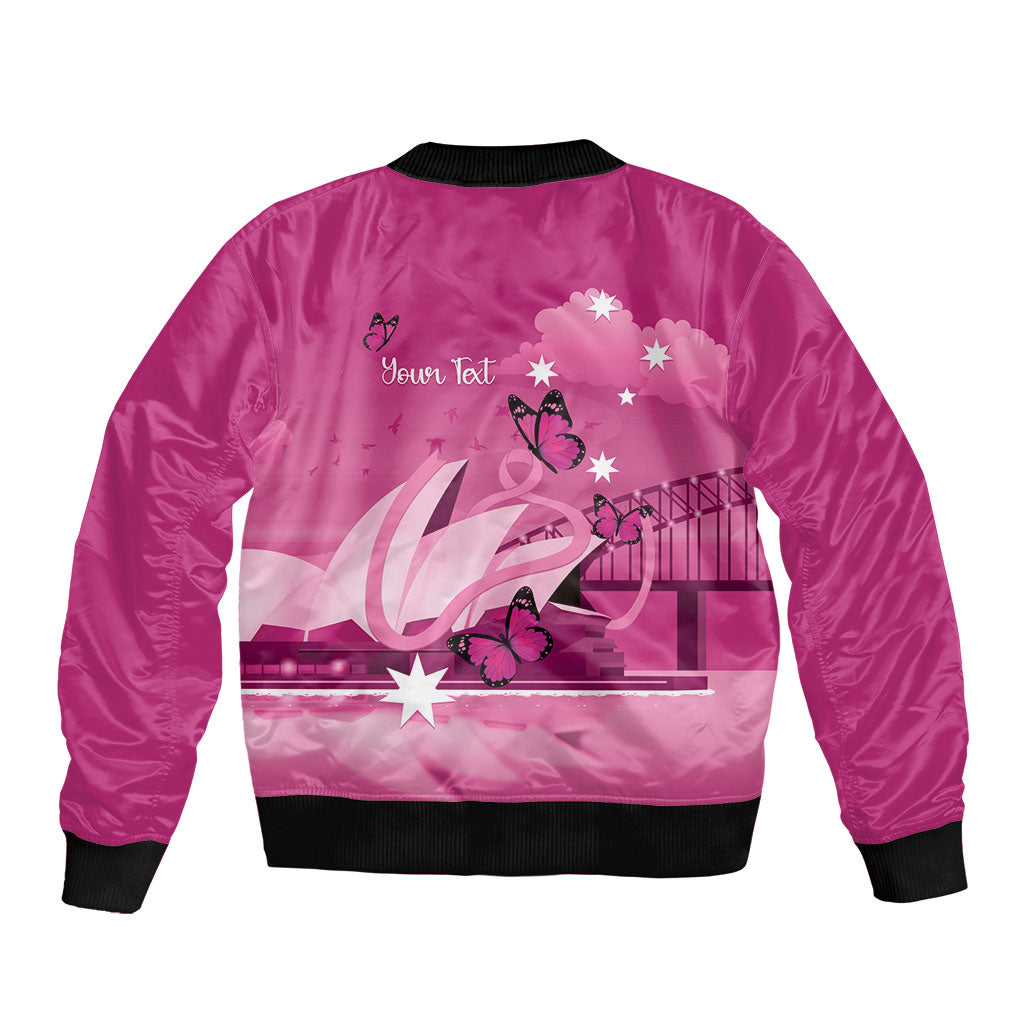 Personalised Australia Breast Cancer Support Sleeve Zip Bomber Jacket Sydney Opera House Butterfly Pink Ribbon