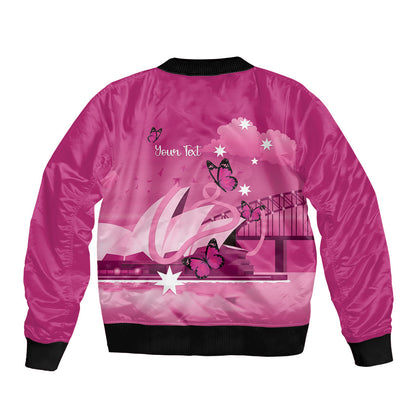 Personalised Australia Breast Cancer Support Sleeve Zip Bomber Jacket Sydney Opera House Butterfly Pink Ribbon
