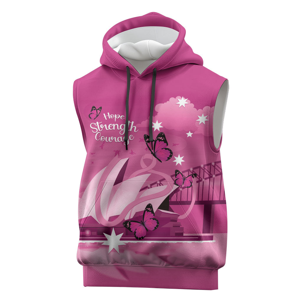 Personalised Australia Breast Cancer Support Sleeveless Hoodie Sydney Opera House Butterfly Pink Ribbon