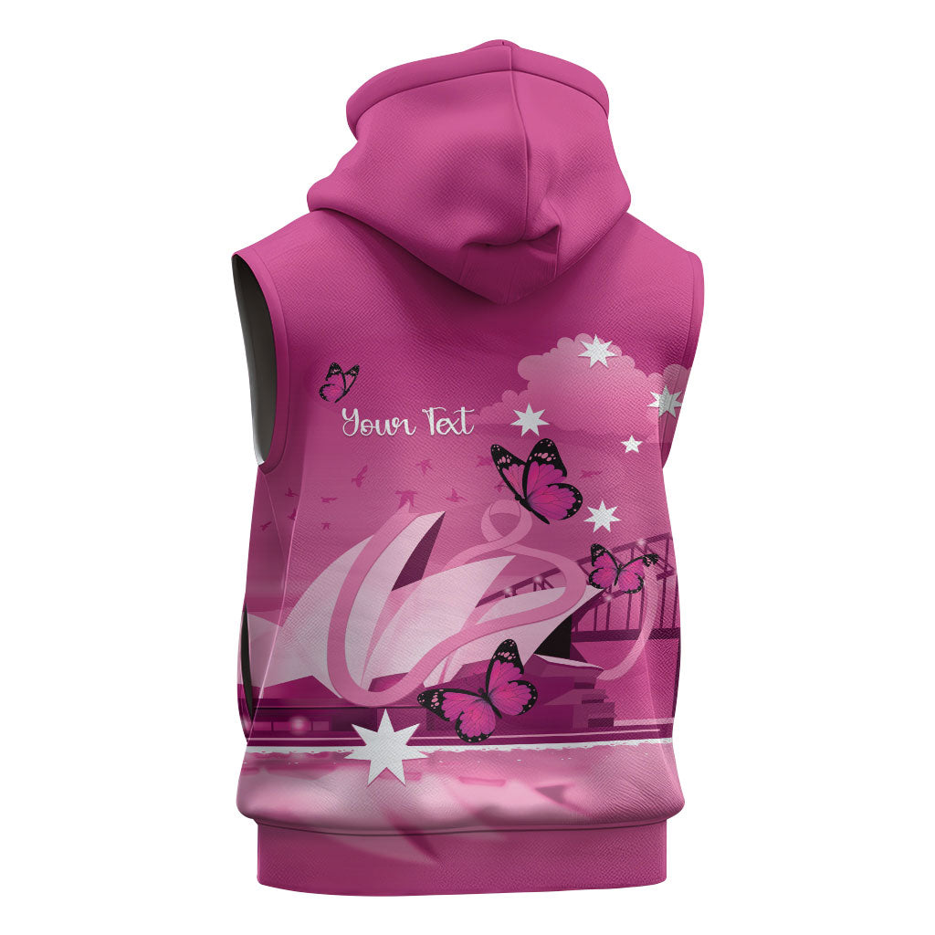 Personalised Australia Breast Cancer Support Sleeveless Hoodie Sydney Opera House Butterfly Pink Ribbon