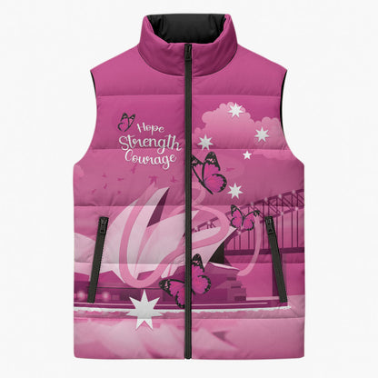 Personalised Australia Breast Cancer Support Sleeveless Puffer Jacket Sydney Opera House Butterfly Pink Ribbon