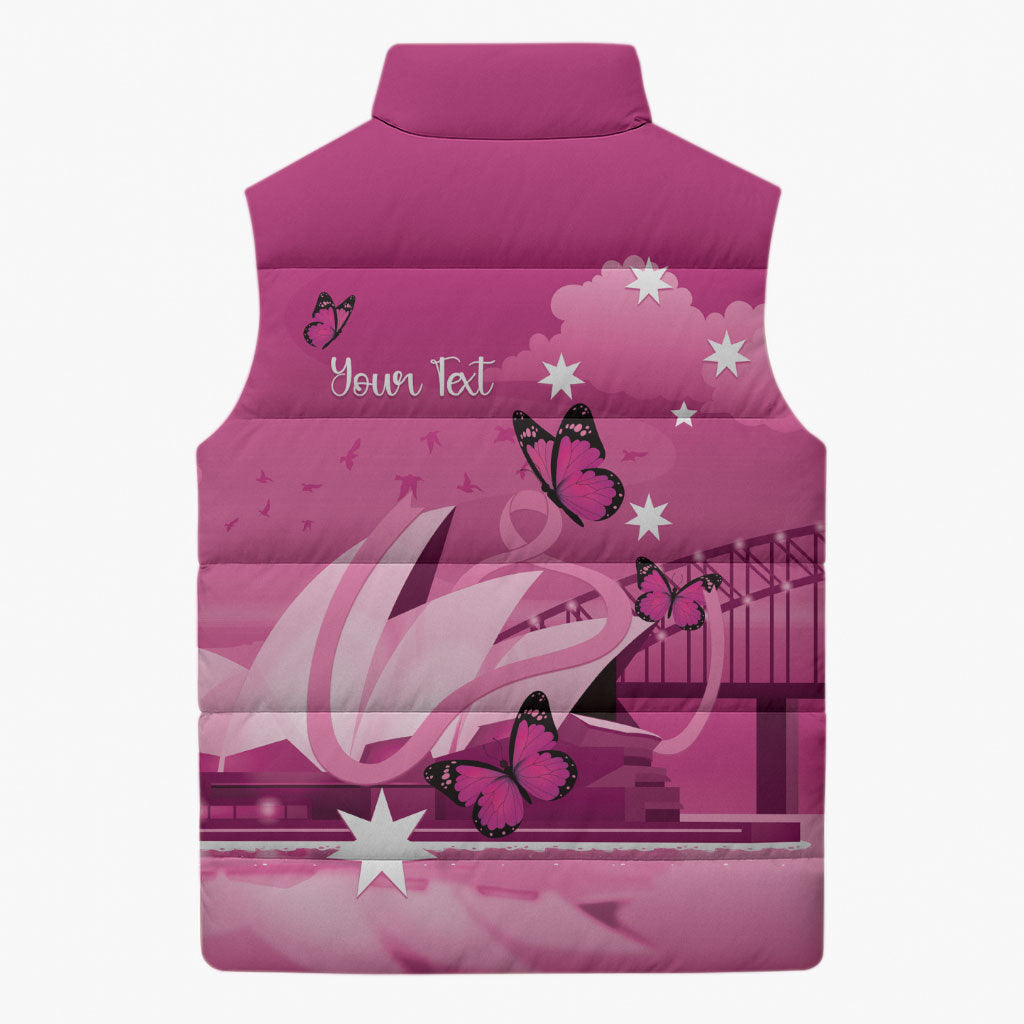 Personalised Australia Breast Cancer Support Sleeveless Puffer Jacket Sydney Opera House Butterfly Pink Ribbon