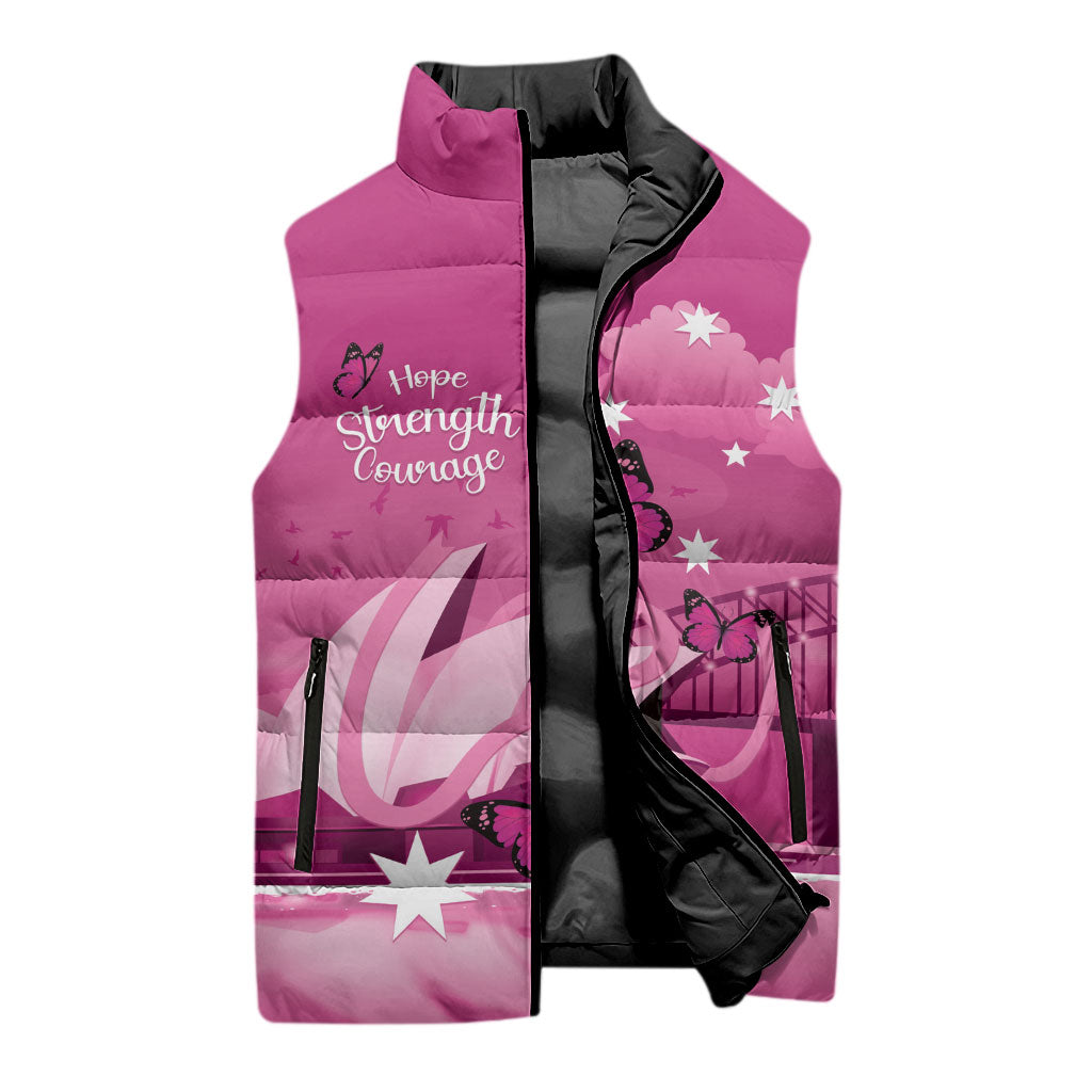 Personalised Australia Breast Cancer Support Sleeveless Puffer Jacket Sydney Opera House Butterfly Pink Ribbon