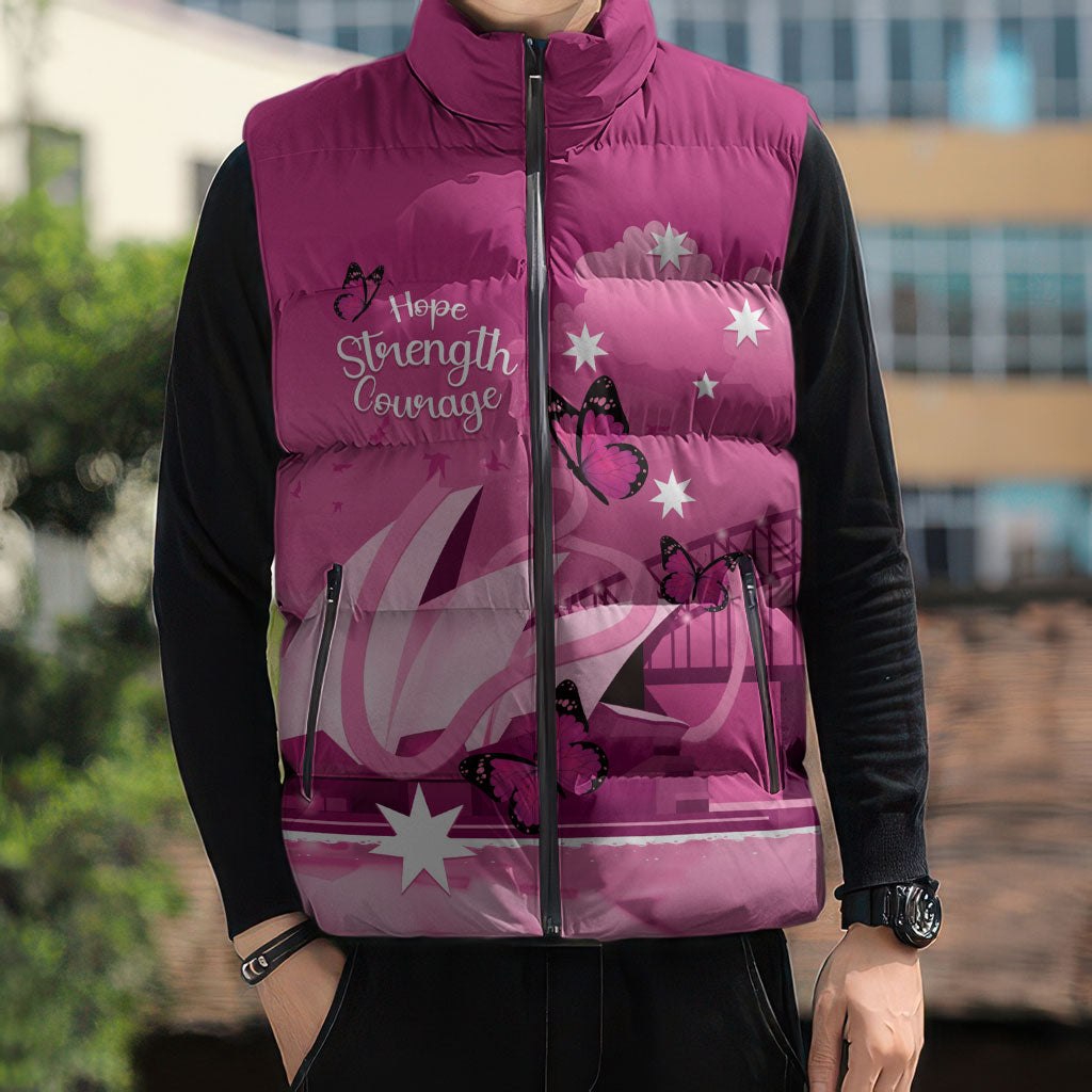 Personalised Australia Breast Cancer Support Sleeveless Puffer Jacket Sydney Opera House Butterfly Pink Ribbon