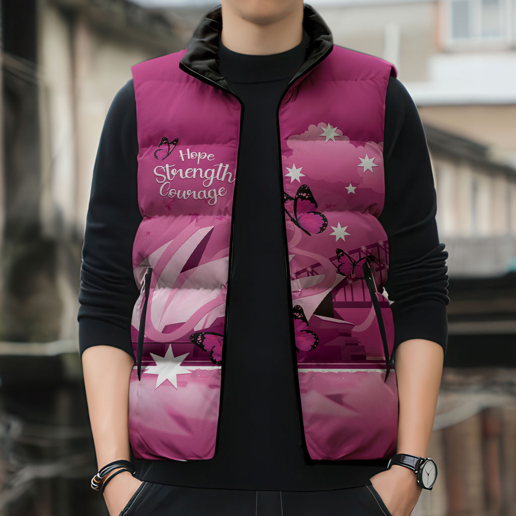 Personalised Australia Breast Cancer Support Sleeveless Puffer Jacket Sydney Opera House Butterfly Pink Ribbon