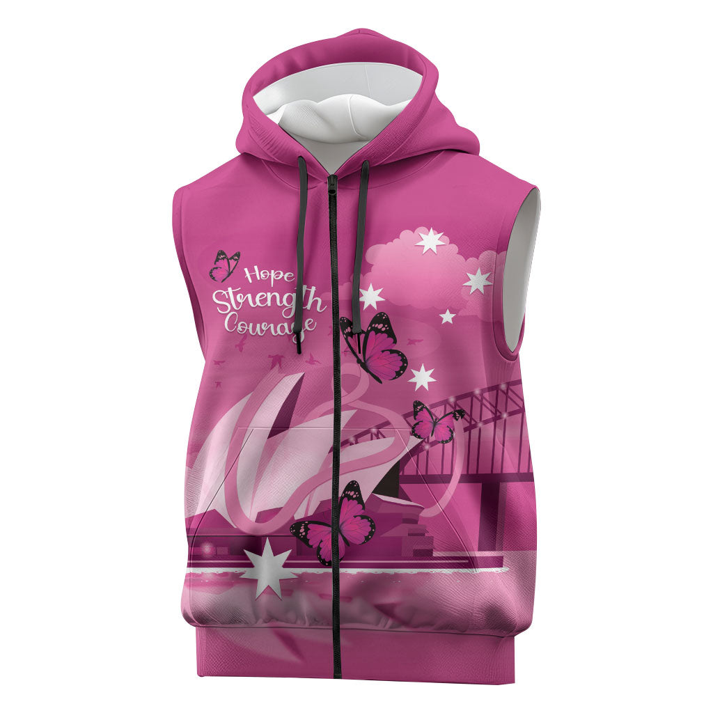 Personalised Australia Breast Cancer Support Sleeveless Zip Hoodie Sydney Opera House Butterfly Pink Ribbon