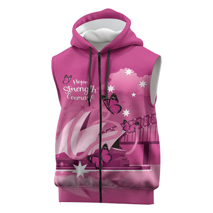 Personalised Australia Breast Cancer Support Sleeveless Zip Hoodie Sydney Opera House Butterfly Pink Ribbon