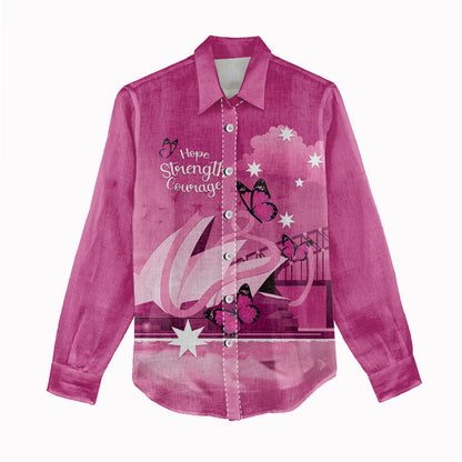 Personalised Australia Breast Cancer Support Women Casual Shirt Sydney Opera House Butterfly Pink Ribbon