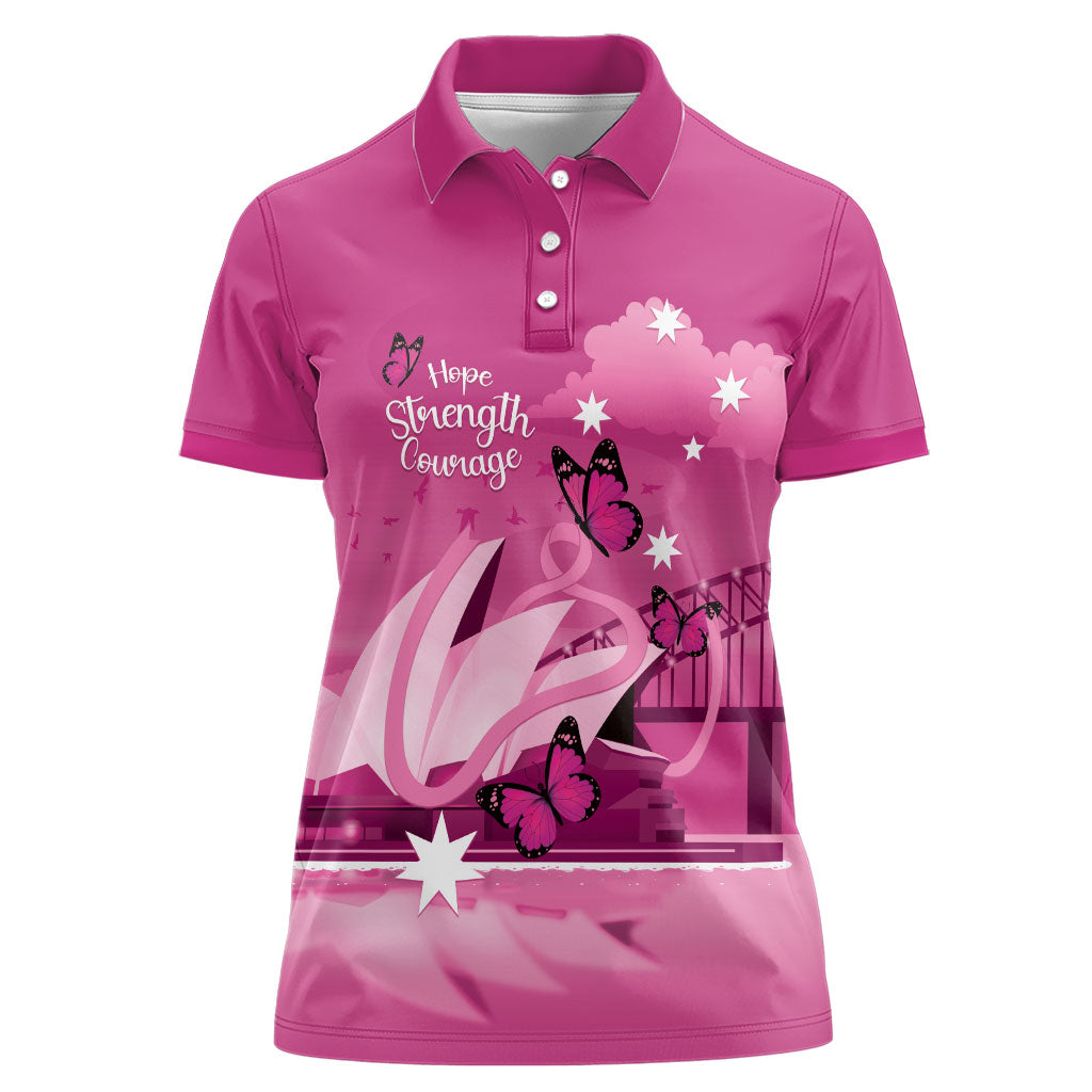Personalised Australia Breast Cancer Support Women Polo Shirt Sydney Opera House Butterfly Pink Ribbon