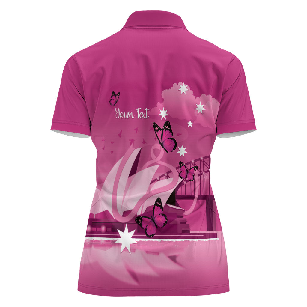 Personalised Australia Breast Cancer Support Women Polo Shirt Sydney Opera House Butterfly Pink Ribbon