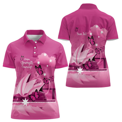 Personalised Australia Breast Cancer Support Women Polo Shirt Sydney Opera House Butterfly Pink Ribbon