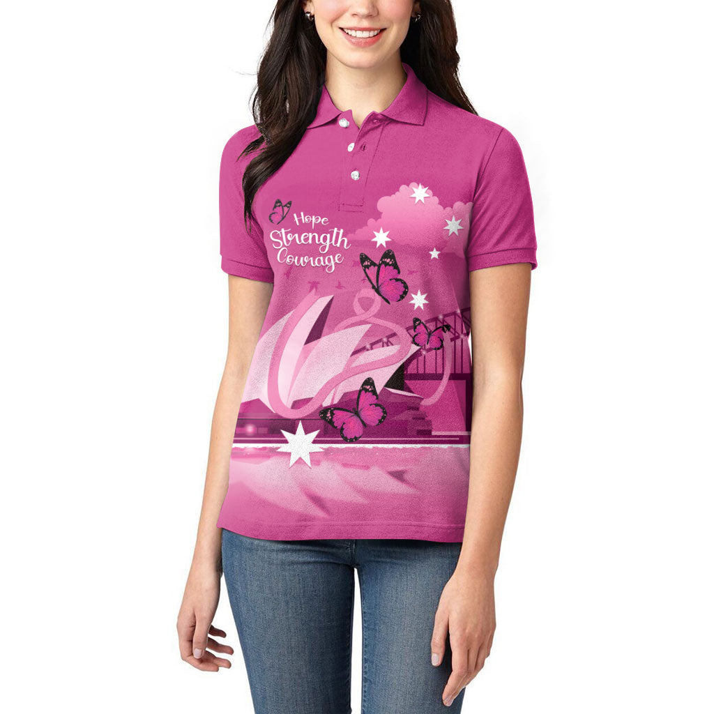 Personalised Australia Breast Cancer Support Women Polo Shirt Sydney Opera House Butterfly Pink Ribbon