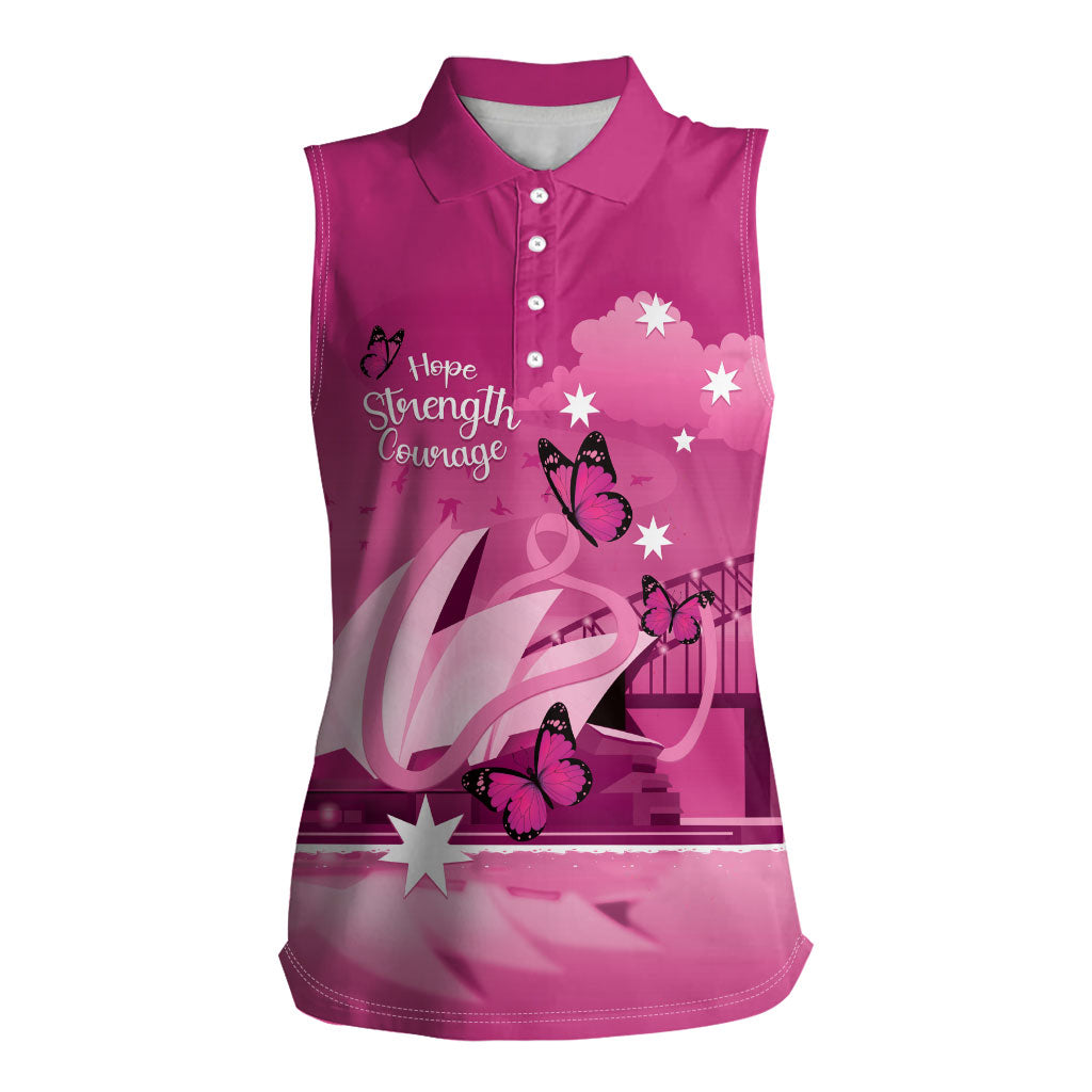 Personalised Australia Breast Cancer Support Women Sleeveless Polo Shirt Sydney Opera House Butterfly Pink Ribbon