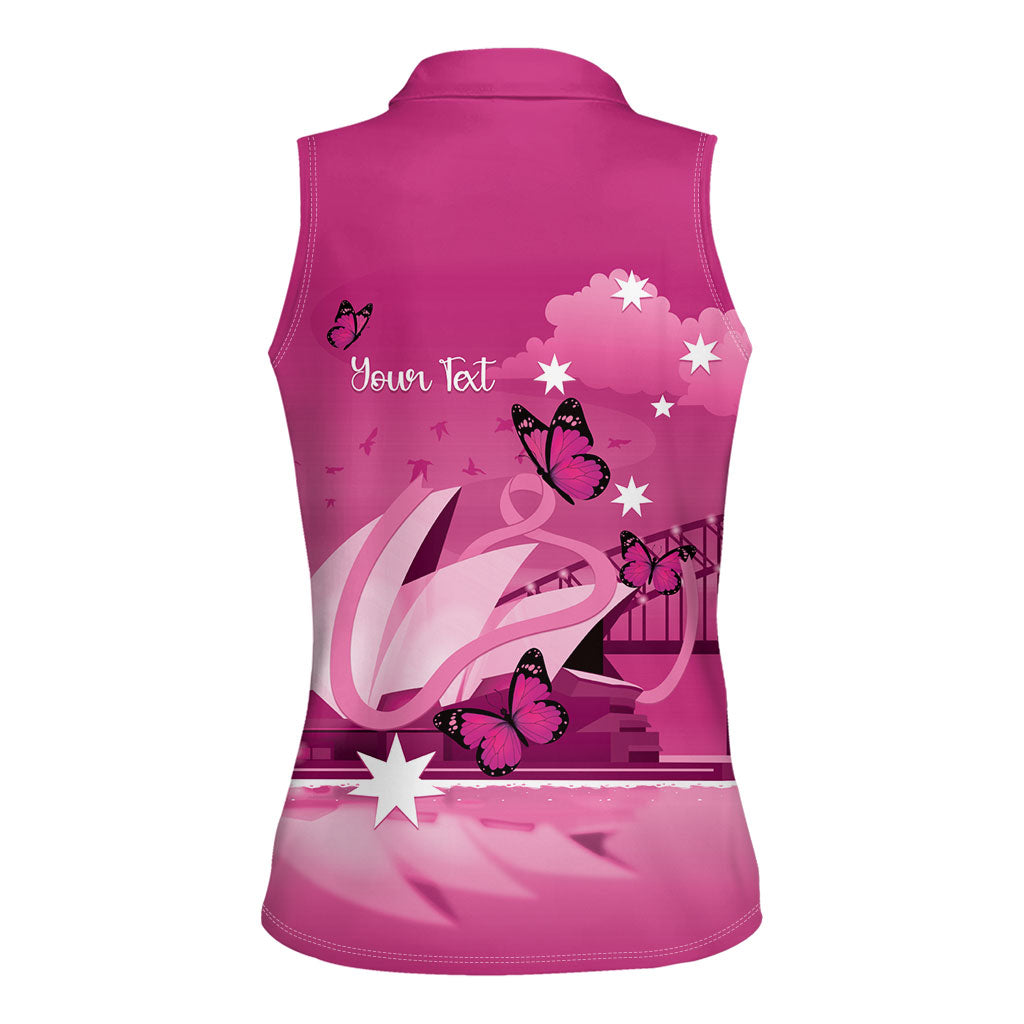 Personalised Australia Breast Cancer Support Women Sleeveless Polo Shirt Sydney Opera House Butterfly Pink Ribbon