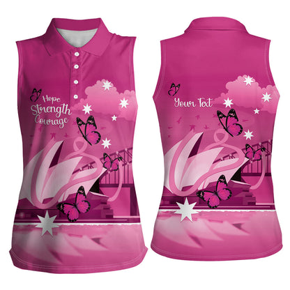 Personalised Australia Breast Cancer Support Women Sleeveless Polo Shirt Sydney Opera House Butterfly Pink Ribbon