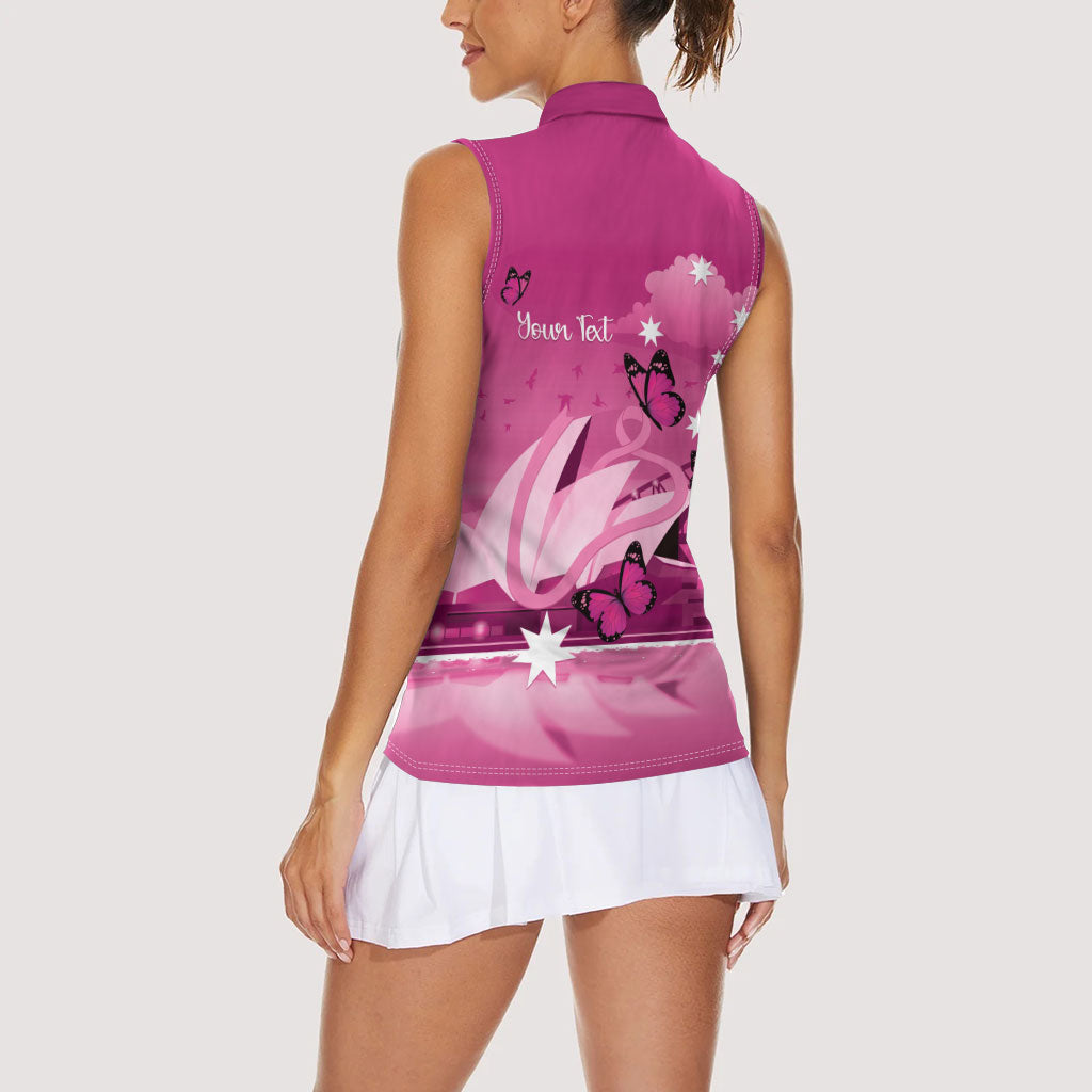 Personalised Australia Breast Cancer Support Women Sleeveless Polo Shirt Sydney Opera House Butterfly Pink Ribbon