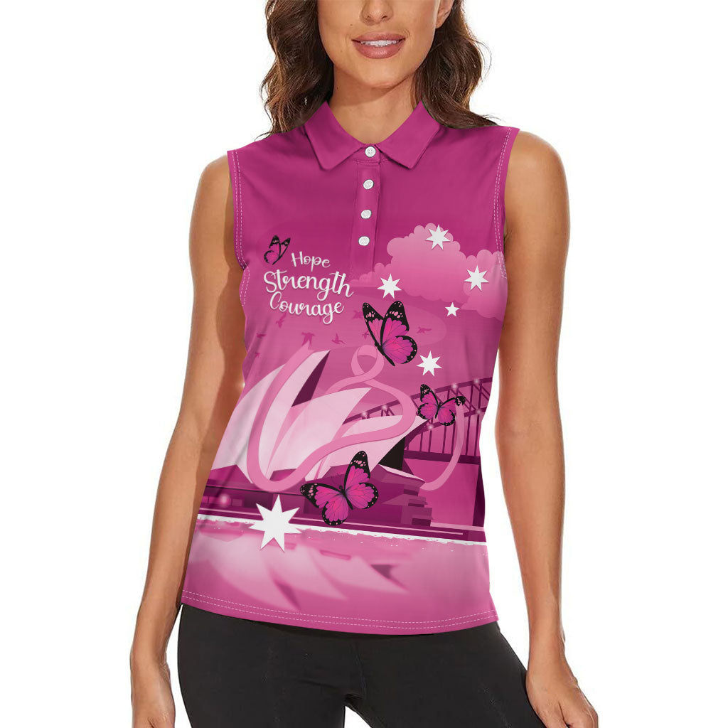 Personalised Australia Breast Cancer Support Women Sleeveless Polo Shirt Sydney Opera House Butterfly Pink Ribbon