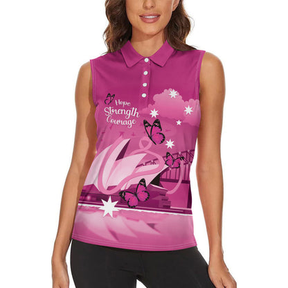 Personalised Australia Breast Cancer Support Women Sleeveless Polo Shirt Sydney Opera House Butterfly Pink Ribbon
