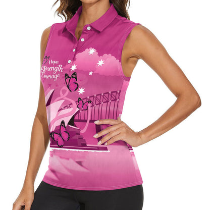 Personalised Australia Breast Cancer Support Women Sleeveless Polo Shirt Sydney Opera House Butterfly Pink Ribbon
