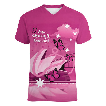 Personalised Australia Breast Cancer Support Women V-Neck T-Shirt Sydney Opera House Butterfly Pink Ribbon