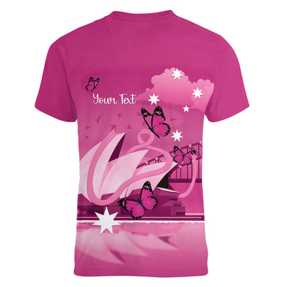 Personalised Australia Breast Cancer Support Women V-Neck T-Shirt Sydney Opera House Butterfly Pink Ribbon