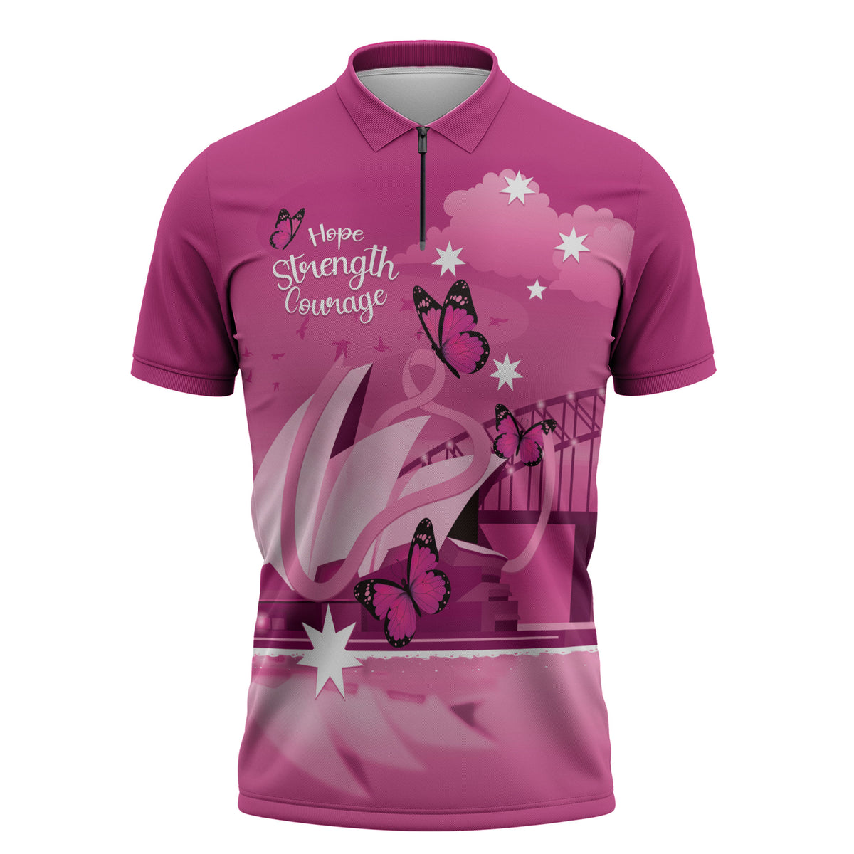 Personalised Australia Breast Cancer Support Zipper Polo Shirt Sydney Opera House Butterfly Pink Ribbon