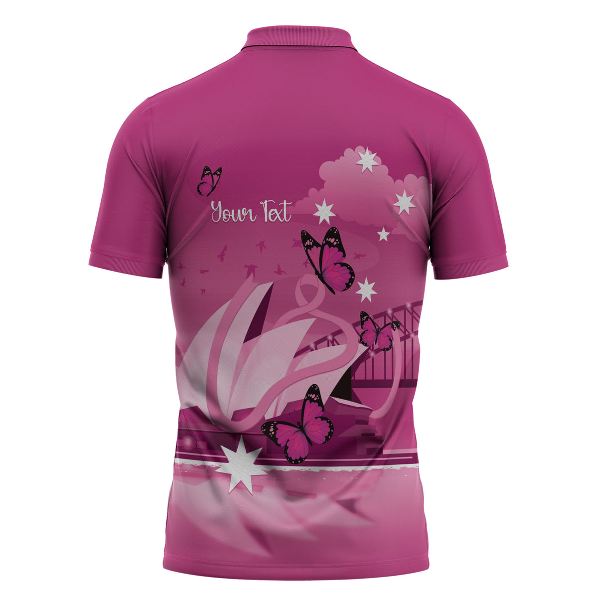 Personalised Australia Breast Cancer Support Zipper Polo Shirt Sydney Opera House Butterfly Pink Ribbon
