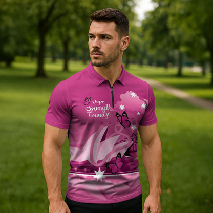 Personalised Australia Breast Cancer Support Zipper Polo Shirt Sydney Opera House Butterfly Pink Ribbon