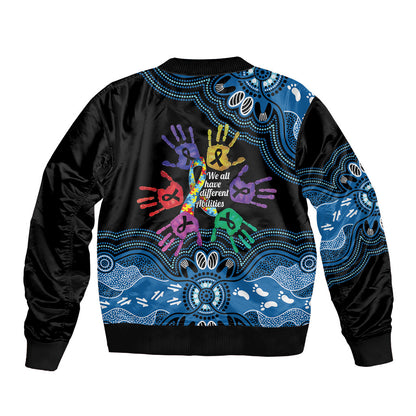 Autism Support Australia Indigenous Sleeve Zip Bomber Jacket We All Have Different Abilities