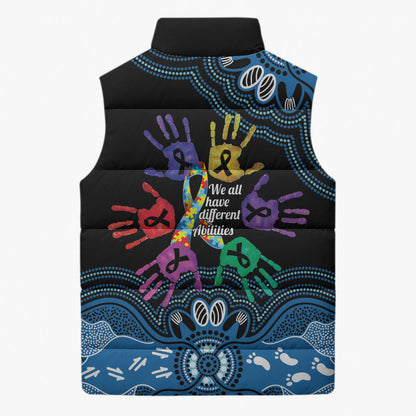 Autism Support Australia Indigenous Sleeveless Puffer Jacket We All Have Different Abilities
