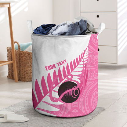 New Zealand Lawn Bowls Breast Cancer Custom Laundry Basket Aotearoa Maori Silver Fern Pink Ribbon