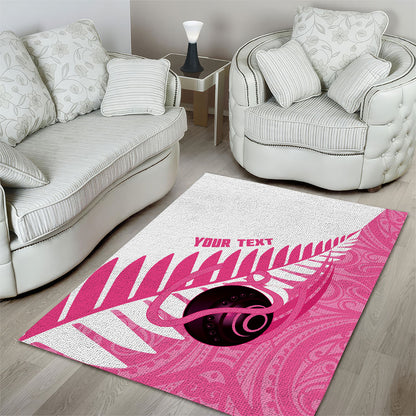 New Zealand Lawn Bowls Breast Cancer Custom Area Rug Aotearoa Maori Silver Fern Pink Ribbon