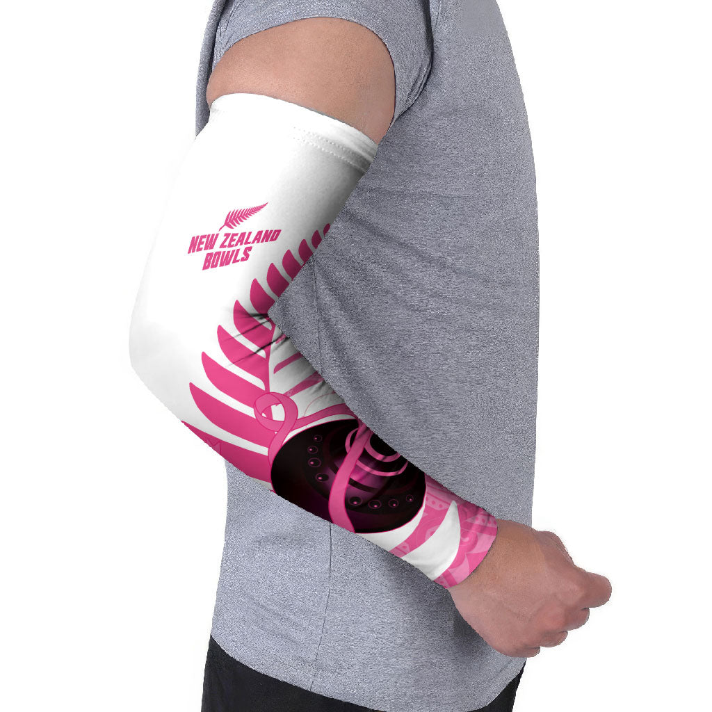 New Zealand Lawn Bowls Breast Cancer Custom Arm Sleeves Aotearoa Maori Silver Fern Pink Ribbon