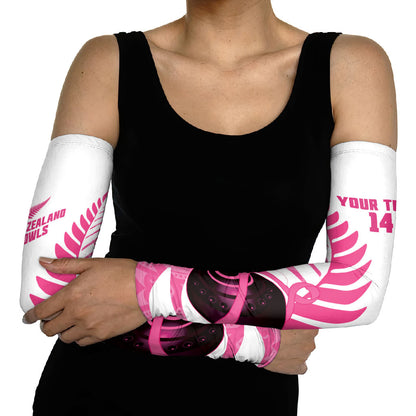 New Zealand Lawn Bowls Breast Cancer Custom Arm Sleeves Aotearoa Maori Silver Fern Pink Ribbon